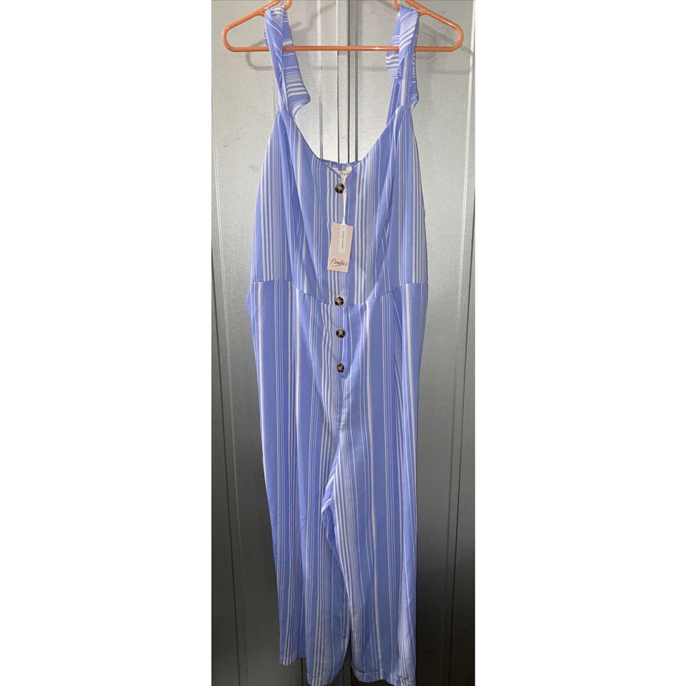 NEW Candies Jumpsuit Button Front Blue Striped Pants One Piece Stretch Sz XXL